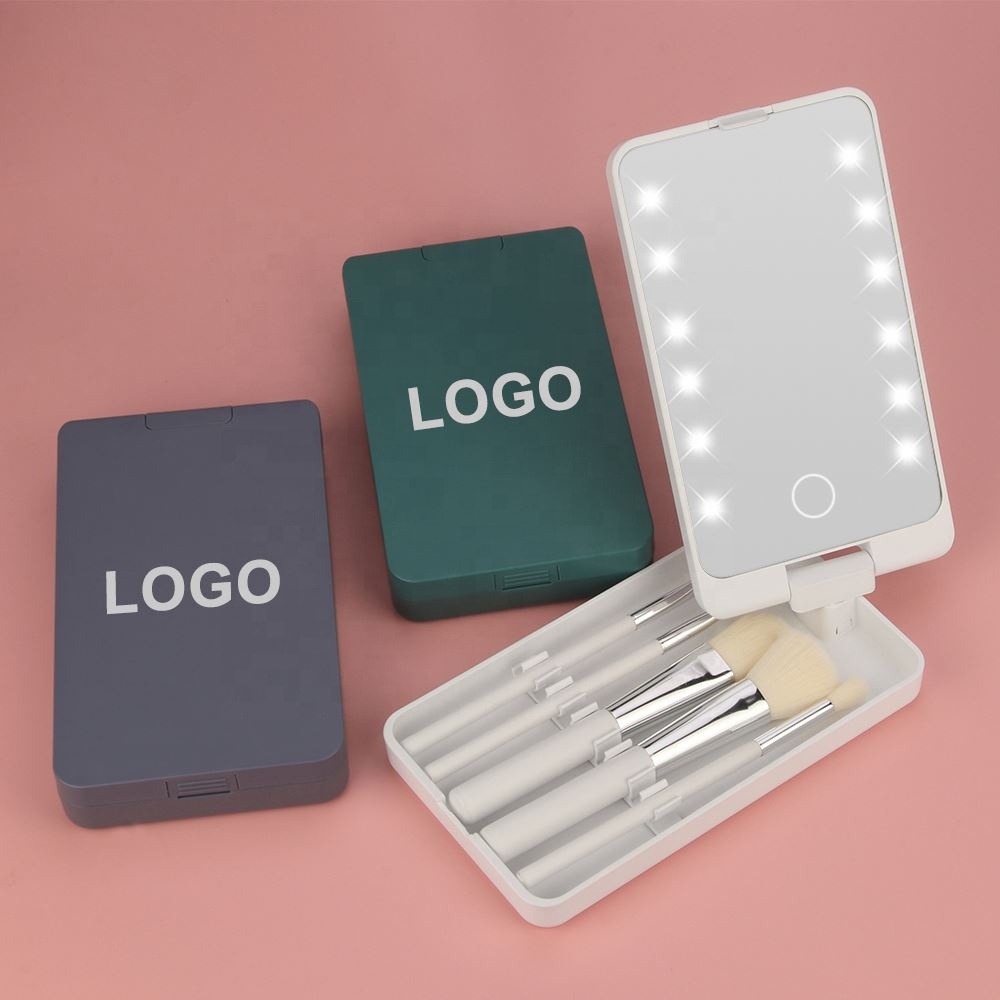 Compact Mirror with LED Light Makeup Brush Holder
